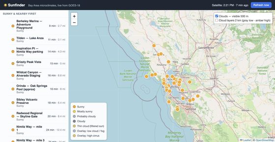 The Sunfinder web page: a map of the Bay Area with a sidebar listing sunny trailheads and drive times.