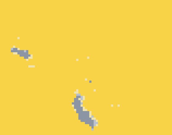 The same scene as a blocky grid: yellow where the sky is clear, grey where cloud was detected.
